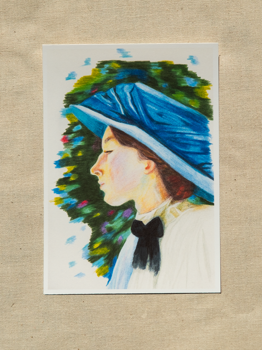 Jeune femme au chapeau bleu