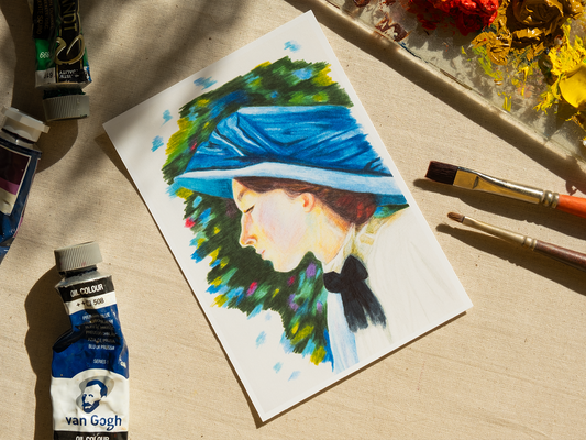Jeune femme au chapeau bleu